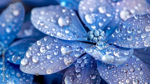  A tight shot of a blue bloom dripping with water drops, accompanied by a blue and white flower in the backdrop