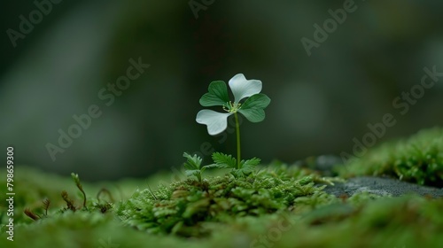  A small white flower sits atop a lush, green forest floor covered in moss, surrounded by numerous other small white flowers