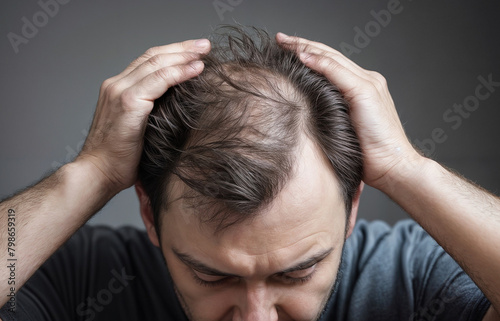 A man with hair fall health problem holding his hair to reveals bald head. Concept of aging fallen hair health breaking falling problem photo