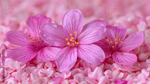   A pile of pink flowers with a group of flowers on top  all atop a bed of pink blooms