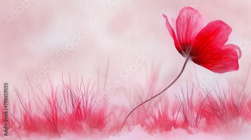   A solitary red bloom sits amidst a sea of tall grasses Behind it  a pink-hued sky unfolds
