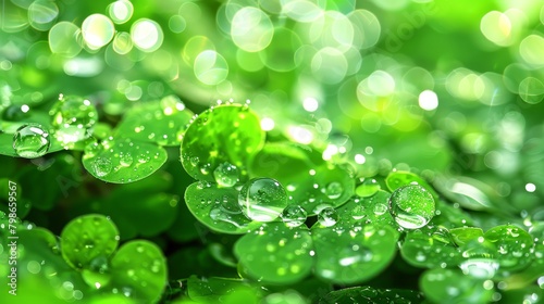  A tight shot of numerous wet green leaves, each adorned with water droplets, against a backdrop of grassy terrain and further foliage