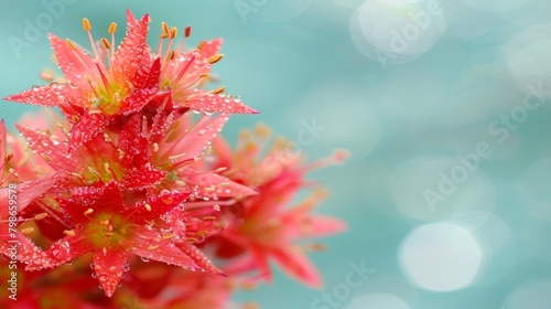  A red flower in focus, petals speckled with water droplets Background softly blurred