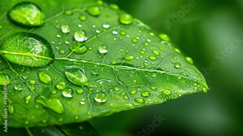  A tight shot of a solitary green leaf, studded with water droplets, against a backdrop of additional green leaves