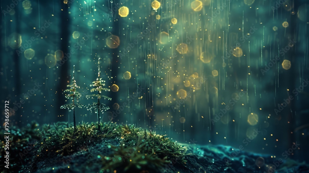 A small tree atop a moss-covered hill in a forest, rained upon A small tree atop a moss-covered hill in a forest, rained upon