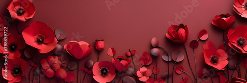 Red poppies on a red background with space for text. Banner for Memorial Day. photo