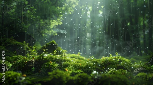   A forest teeming with numerous green plants; rain falls from a verdant canopy of leaves photo