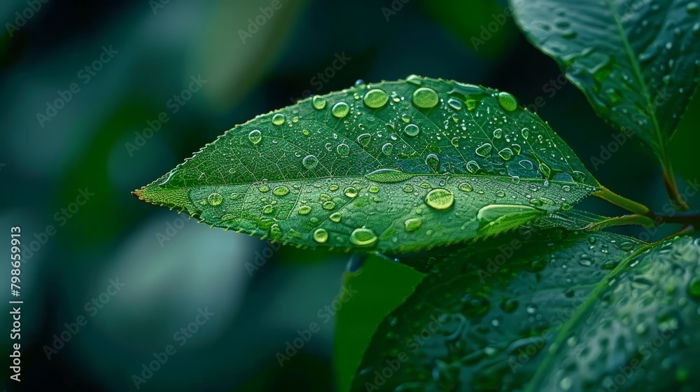 A tight shot of a single green leaf, studded with water droplets, against a backdrop of undulating green foliage A tight shot of a single green leaf, studded with water droplets, against a backdrop of undulating green foliage