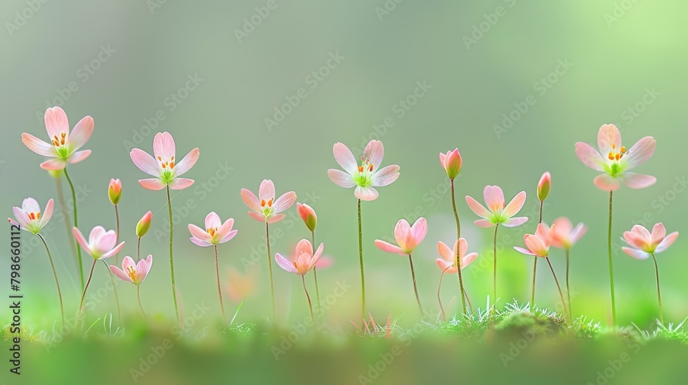   A lush green hillside is topped with a field of pink flowers, their blooms resting atop the verdant grass
