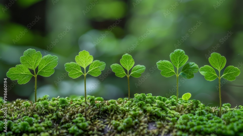 A small grove of green plants, growing from a mossy surface, lies before a dense forest of trees A small grove of green plants, growing from a mossy surface, lies before a dense forest of trees