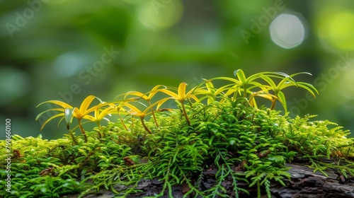   A tight shot of a mossy texture adorned with yellow blooms and miniature green vegetation sprouting from it