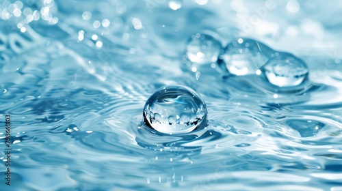  A collection of water droplets hovering above a body of water, backdrop of blue sky and clouds