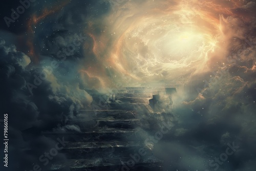 Mystical Staircase Ascending into a Cosmic Vortex of Clouds and Light photo
