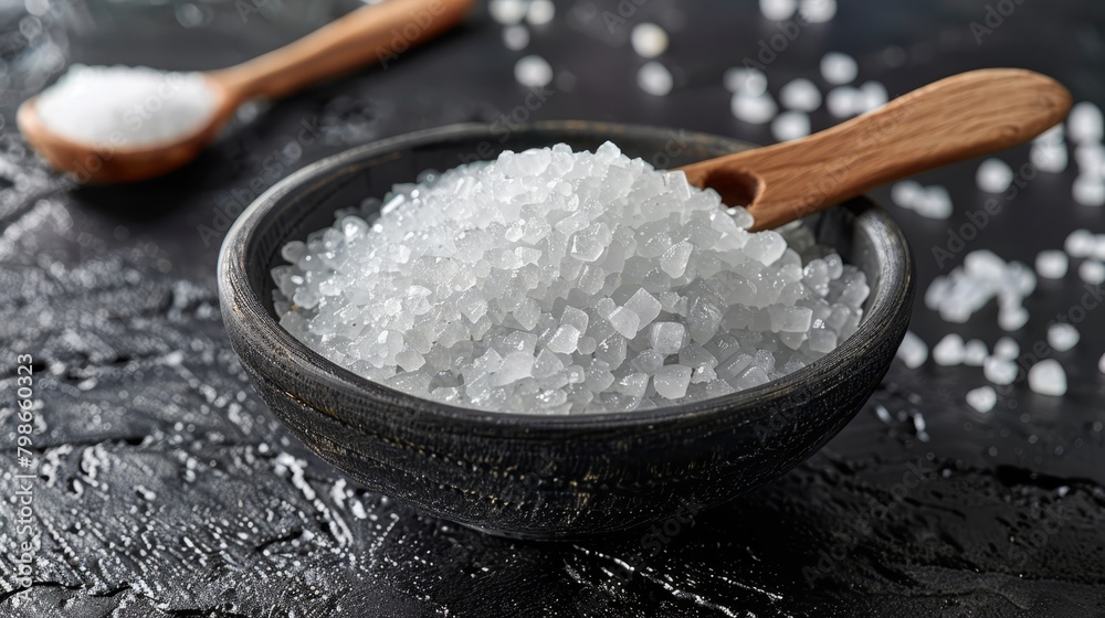 A black surface bears a wooden spoon and a bowl of sea salt, its white flecks contrasting notably A black surface bears a wooden spoon and a bowl of sea salt, its white flecks contrasting notably