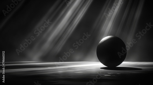   A monochrome image of an egg in darkness, lit by ceiling light