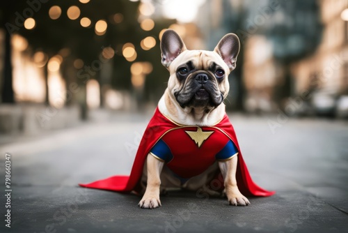 'cute hero costume french super bulldog adorable animal authentic background best blue skies breed buddy bull canino cape companion concept creative curious different dog doggy face friends friendly' photo