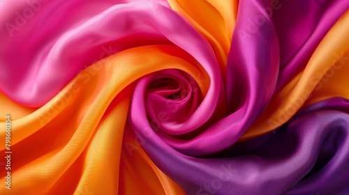  A tight shot of an orange, pink, and purple fabric with ultra-thin creases at the peak