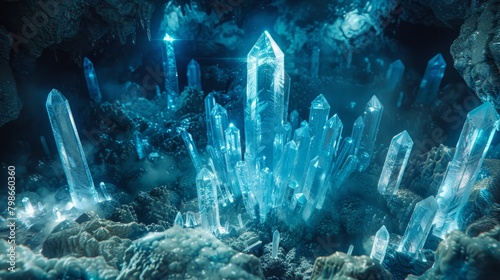   A tight shot of crystal formations in a cavern, one illuminated from above by a sapphire-hued light emanating from its peak