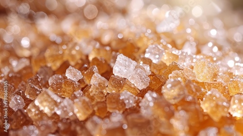   A tight shot of several sugar cubes atop a larger stack on a table