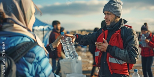 Volunteer Distributing Water to Refugees at Sunset
