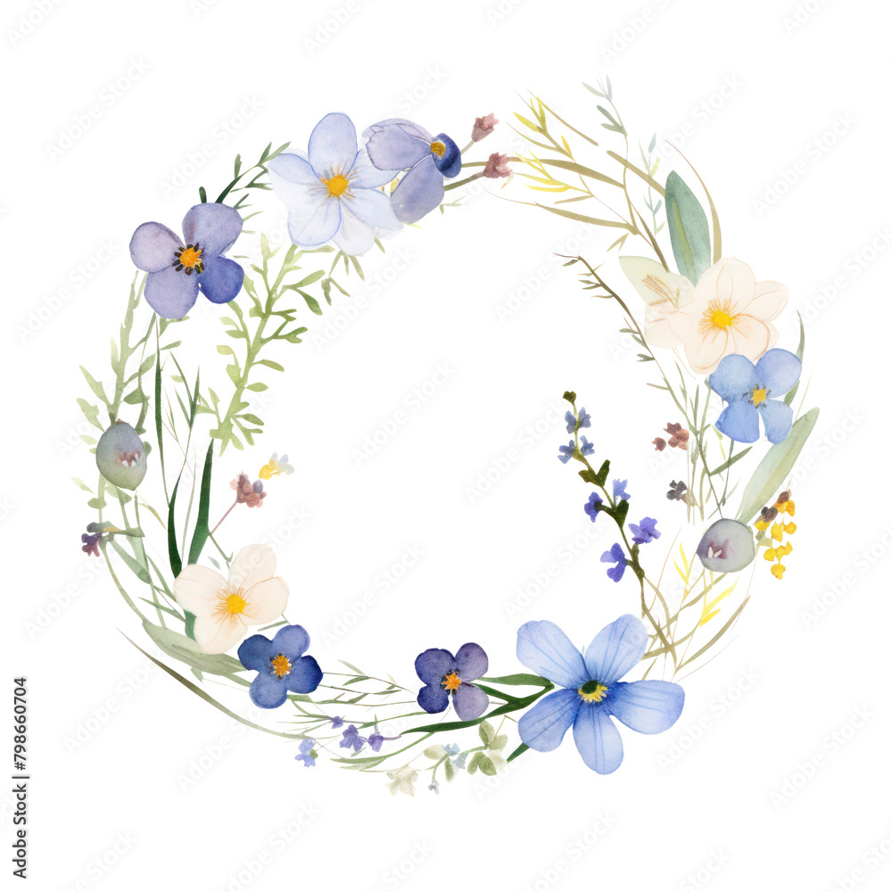 A watercolor painting of a wreath of blue and white flowers.