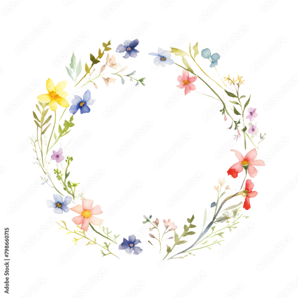 A watercolor painting of a wreath of wildflowers.