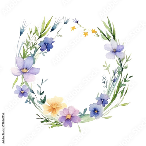 A watercolor painting of a wreath of blue, purple, and yellow flowers with green leaves on a transparent background.