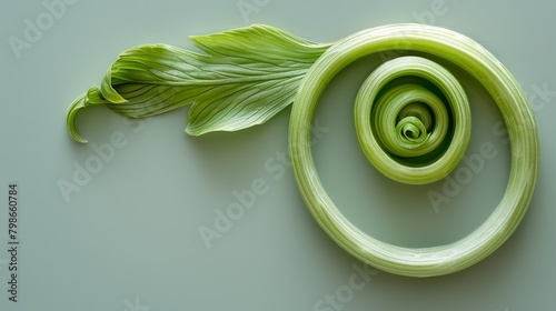   A tight shot of a green object with a leaf atop and a helical figure in its center photo