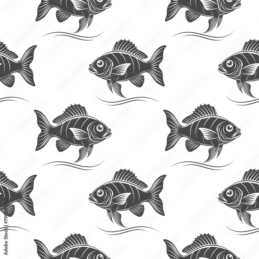 Seamless pattern, silhouettes of sea fish with waves on a white background. Print, textile