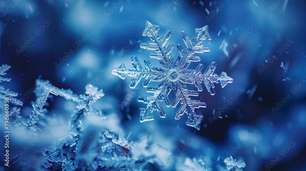 A tight shot of a solitary snowflake against a backdrop of numerous others – snowflakes both in the foreground and background A tight shot of a solitary snowflake against a backdrop of numerous others – snowflakes both in the foreground and background
