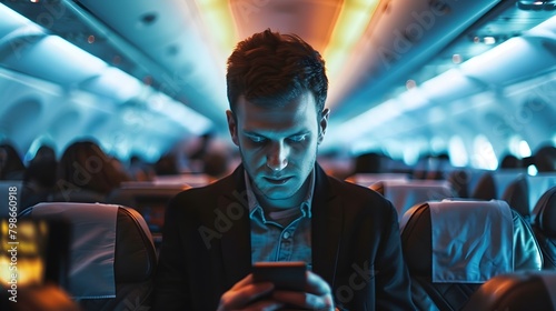 Frequent Flyer Utilizing Smartphone Amidst Blurred Airplane Cabin photo