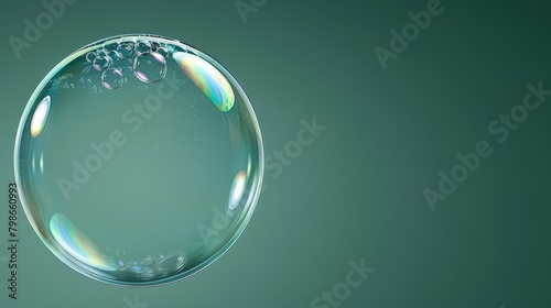  A tight shot of a soap bubble against a verdant backdrop, featuring water droplets at its core and additional bubbles within
