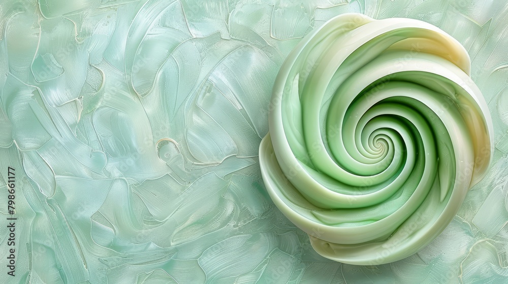 A tight shot of a green-and-white spiraled form against a matching backdrop, featuring a central white spiral A tight shot of a green-and-white spiraled form against a matching backdrop, featuring a central white spiral