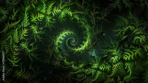 a green spiral at a leafy, green, spiraled center