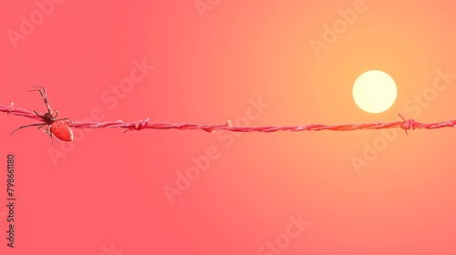  A barbed wire up-close with sun backdrop and insect at its tip..Or, for a more poetic touch: Barbed wire's edge under golden sun