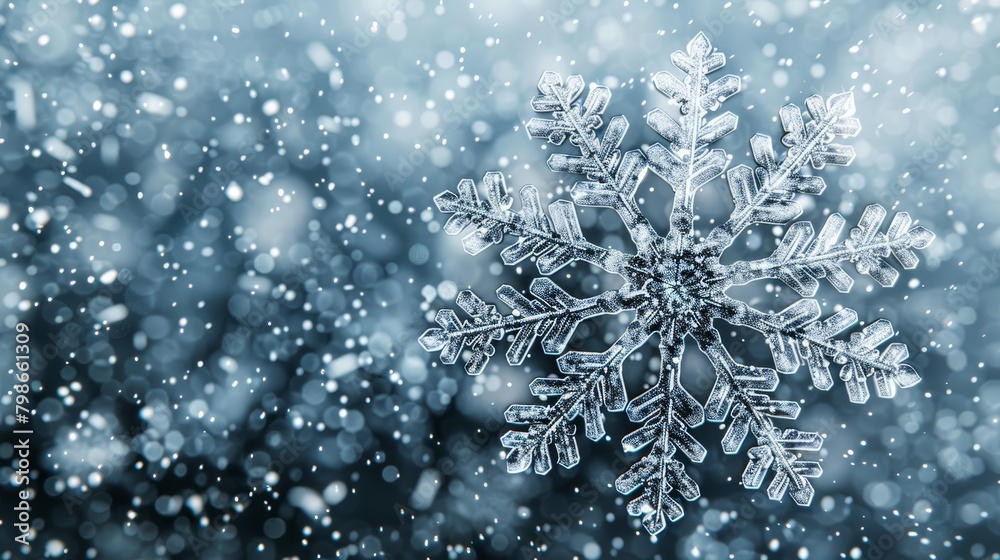 A tight shot of a solitary snowflake against a backdrop of smaller flakes in the foreground, while the background subtly blurs A tight shot of a solitary snowflake against a backdrop of smaller flakes in the foreground, while the background subtly blurs