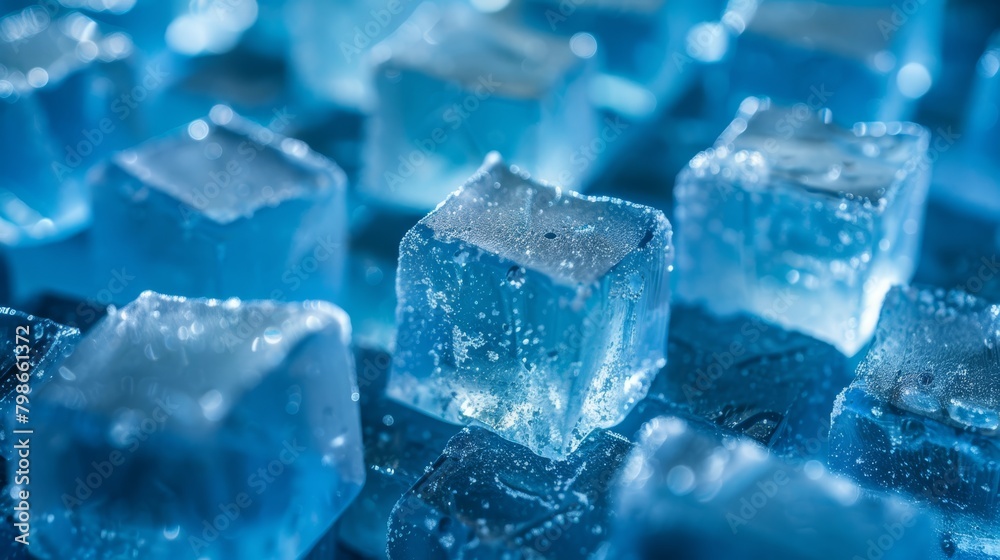 A collection of ice cubes stacked on a blue, water-speckled table A collection of ice cubes stacked on a blue, water-speckled table