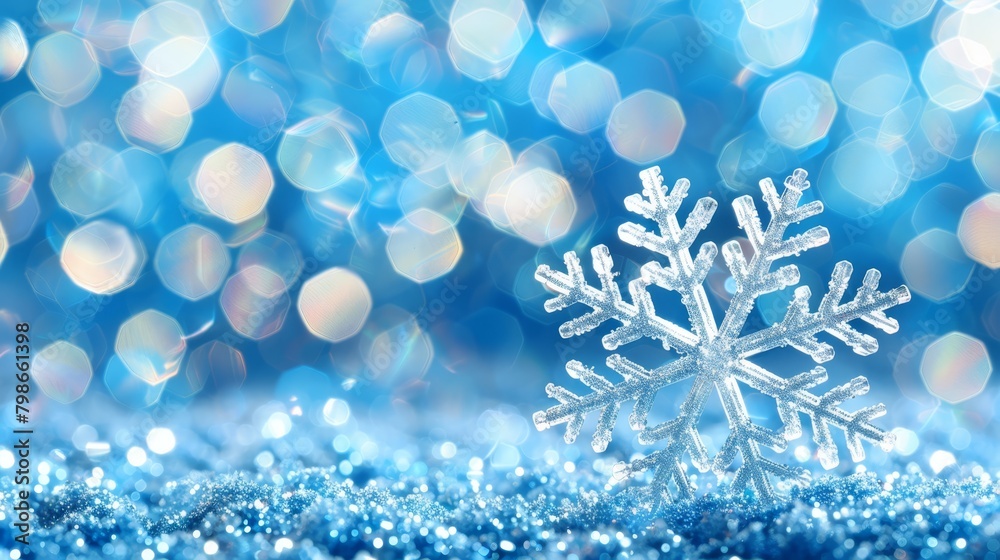 A tight shot of a snowflake against a backdrop of blue, with softly blurred strings of lights in the distance A tight shot of a snowflake against a backdrop of blue, with softly blurred strings of lights in the distance
