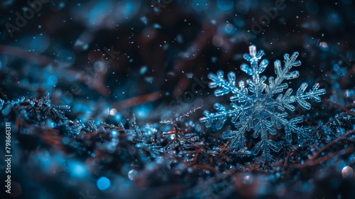   A close-up of a solitary snowflake  intricately displaying its six arms adorned with minute ice crystals