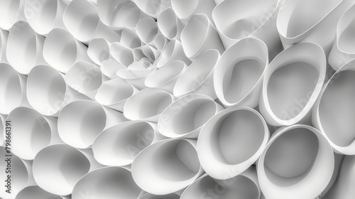  A vast assembly of white pipes vertically stacked, forming a wall of plastic tubing against a backdrop of black and white