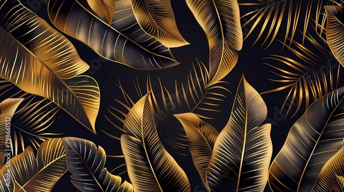 Tropical leaf wallpaper  luxury natural leaf pattern design  golden banana leaf line art  Vector illustration.