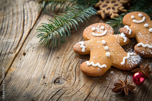 A homemade smiling gingerbread man decorated with white icing, surrounded by festive Christmas spices and decorations.