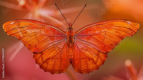   A tight shot of an orange butterfly atop a bloom, its wings speckled with shimmering water droplets, against a softly blurred backdrop