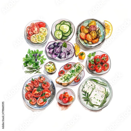 Watercolor Assortment of Fresh Vegetables and Feta Cheese 