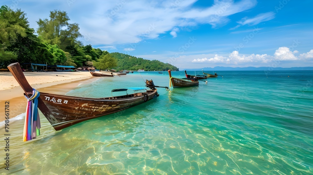 Serene Pattaya Beach with Traditional Thai Longtail Boats and Lush Green Hills