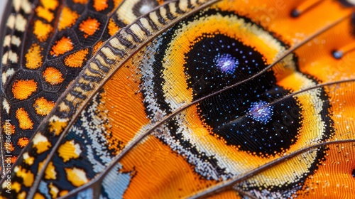   A tight shot of a butterfly's blue-and-yellow wingtip pattern photo