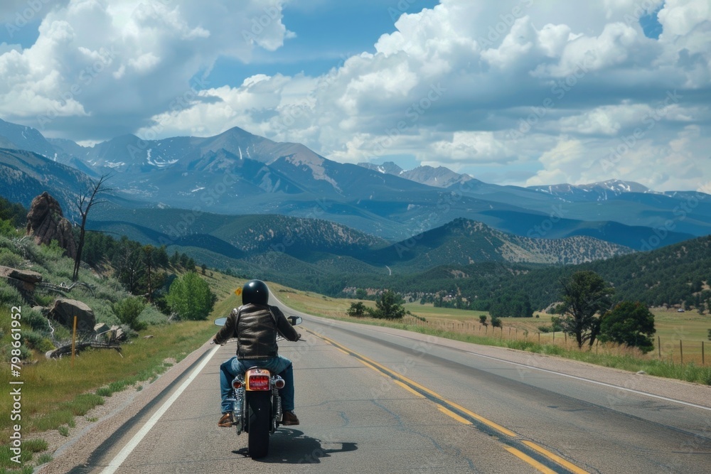 Lone Motorcyclist on Scenic Mountain Road Journey Lone Motorcyclist on Scenic Mountain Road Journey