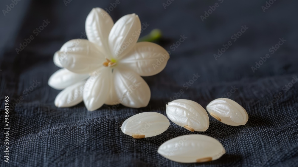   A group of white flowers sits atop a blue tablecloth, near a pair of white almonds