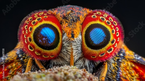  A tight shot of an insect's vibrant eyes and body, adorned with brilliant hues