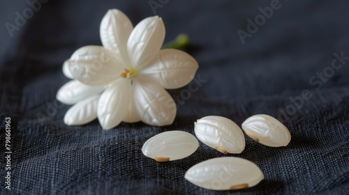  A group of white flowers sits atop a blue tablecloth  near a pair of white almonds
